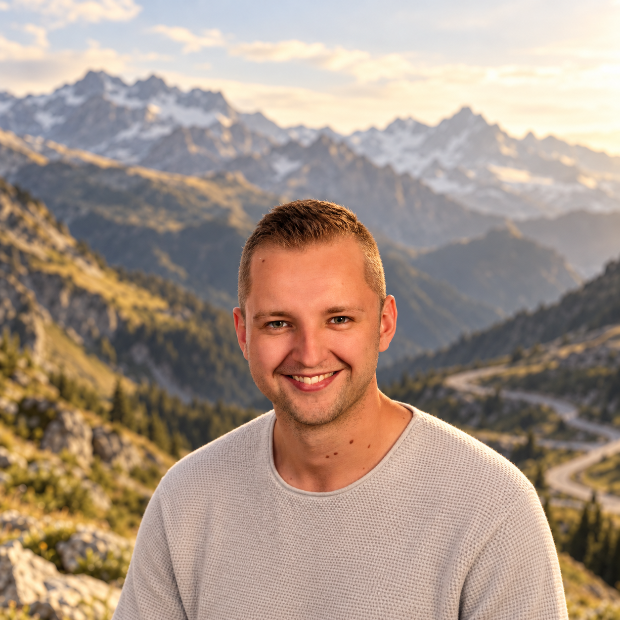 Alexander Eßbach vor alpiner Bergkulisse